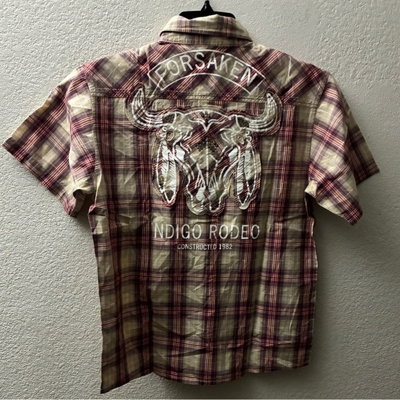 Indigo Star Vintage Button Down Shirt Short Sleeve Cotton Plaid BackRodeoPrint S - Picture 3 of 16